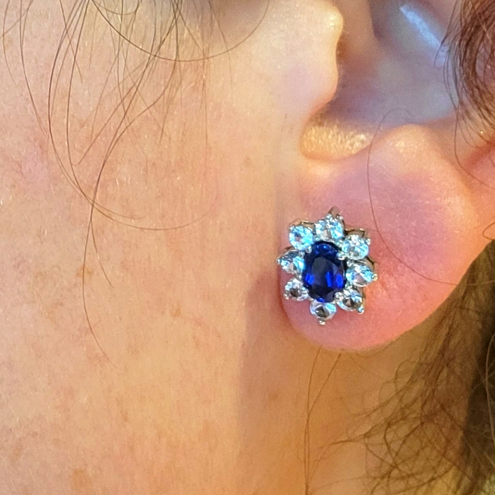 🦋 Blue & White Sapphire Sterling Flower Studs